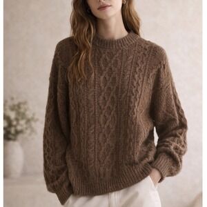 Northwest Territory Brown Cable Knit Sweater Ramie Wool Blend Crew Neck Large